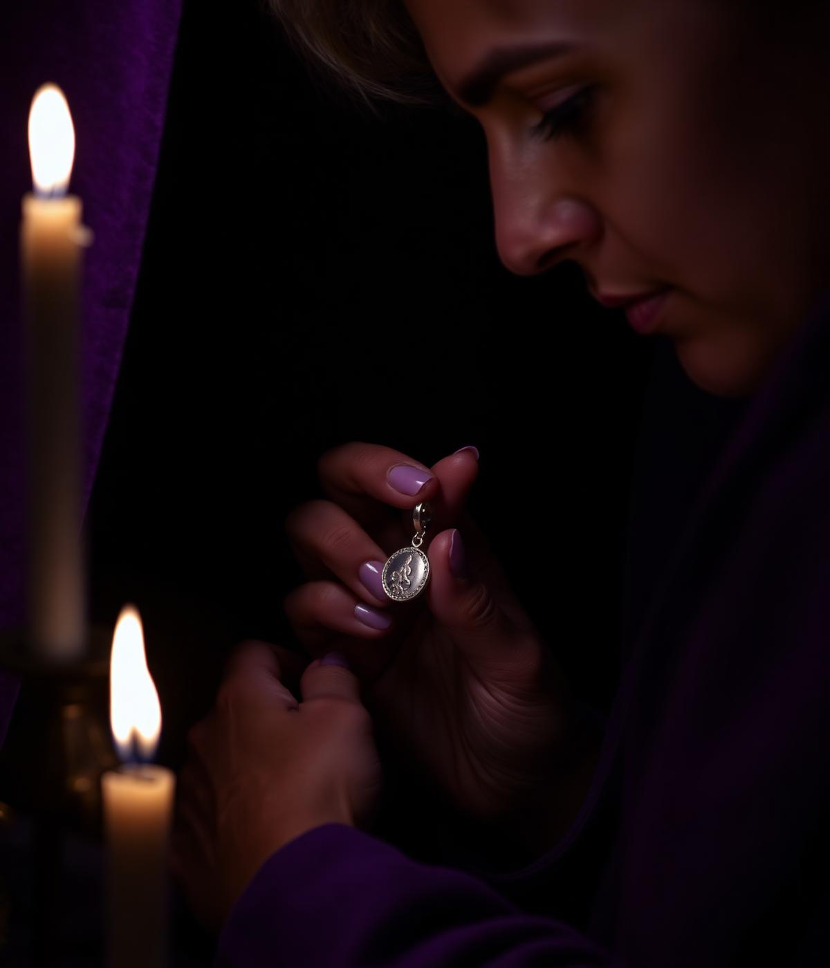 The maker shaping a silver pendant by candlelight
