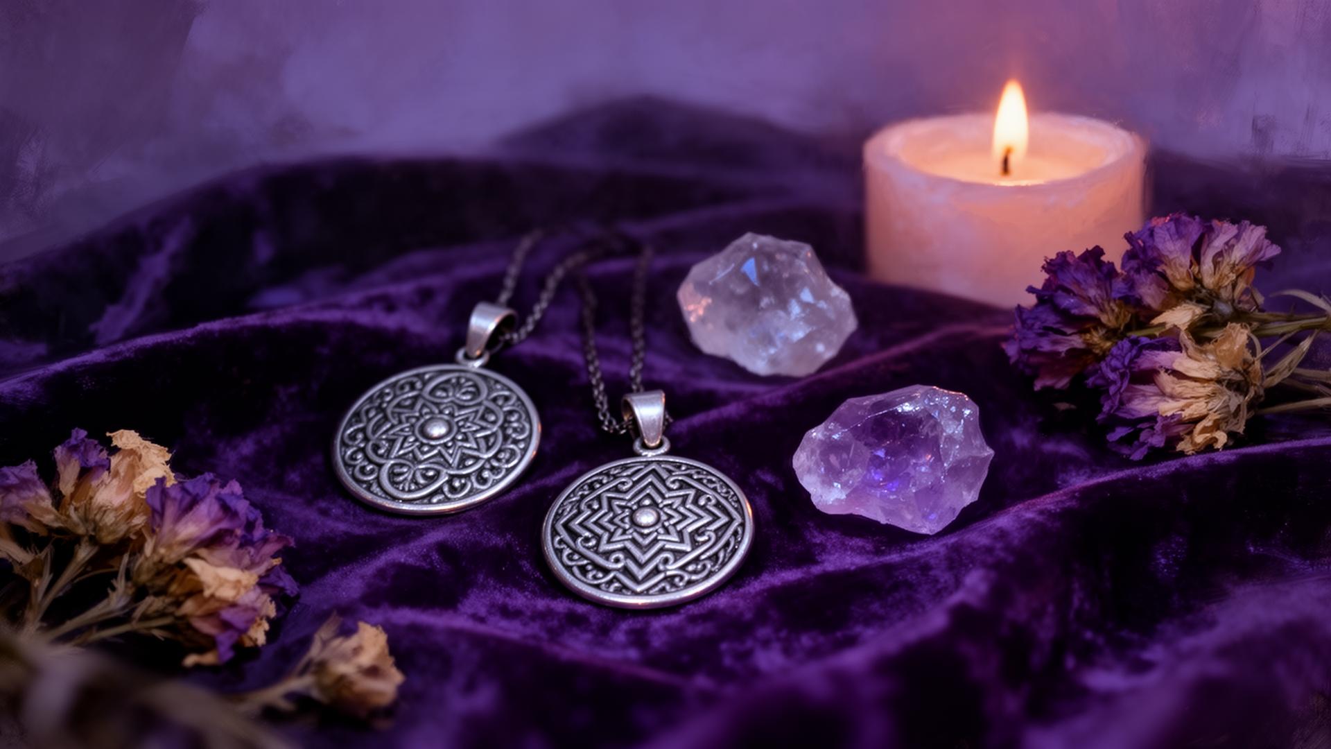 Handmade silver talismans on velvet